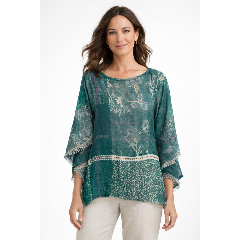 J.Jill Boxy‎ Tunic Blouse S-L Green Modal Blend Lagenlook Boho Summer Festival